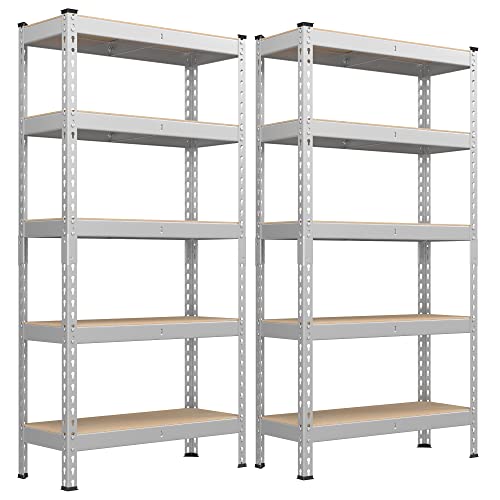 SONGMICS 5-Tier Storage Shelves, Load 2310 lb, Set of 2 Garage Storage, Boltless Assembly, Adjustable Shelving Unit, 11.8 x 29.5 x 59.1 Inches, for Study Shed Basement, Silver UGLR300E02