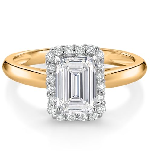 Gem Stone King 10K Yellow and White Gold IGI Certified Lab Grown Diamond Halo Engagement Ring For Women | 1.70 Cttw | Center Emerald Cut Diamond 1.5 Ct | F-G Color | VS1 Clarity