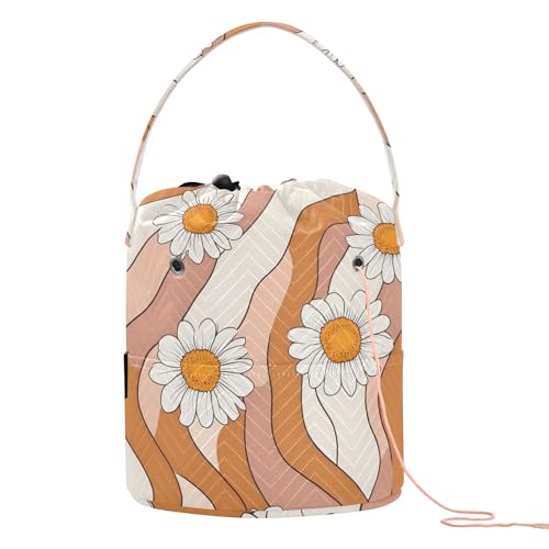 Yarn Storage Bag Small Crochet Bag Knitting Bag Organizer Orange White Striped Daisy Yarn Bags for Crocheting Basket