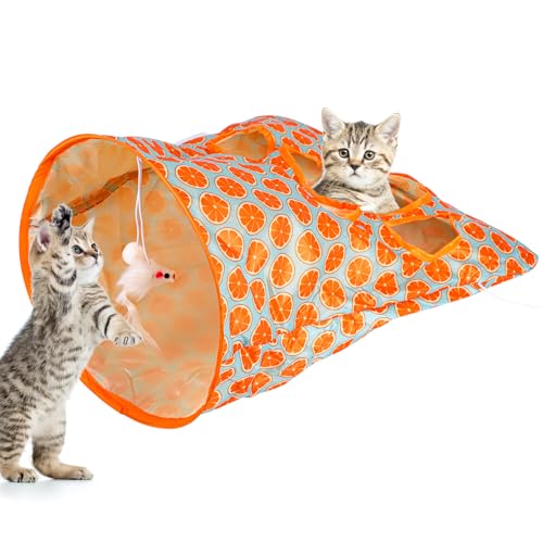 折りたたみ式猫トンネルおもちゃ、猫トンネルクリンクルバッグ、ぬいぐるみボール付きパズルハントチェイストレーニング、インタラクティブな猫のおもちゃ屋内猫、子犬、ハムスター、子猫、ウサギ(オレンジ)