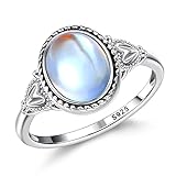 Florideco 925 Sterling Silver Moonstone Ring for Women 18K White Gold Plated Rainbow Moon Stone Rings Victorian Style Gemstone Solitaire Oval Moonstone Ring ML8