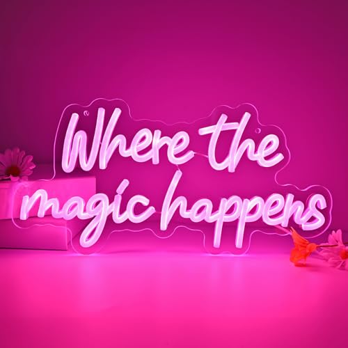 Image of Britrio Where The Magic Happens Neon Sign Led Pink Light Up Word Signs for Wall Decor Letter Neon Light Signs Indoor Light for Bedroom Wedding Birthday Party Home Bar Pub Man Cave Gift 5V USB