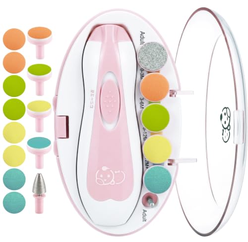 Image of Royal Angels Upgraded 21 in 1 Baby Nail Trimmer with Labeled Case, 13 Extra Replacement Pads, Safe Electric Baby Nail File Kit for Newborns & Toddlers, Whisper Quiet Nail Clipper with LED Light (Pink)