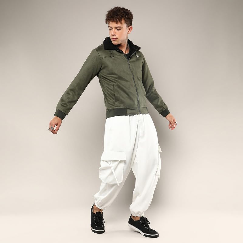 Image of CAHOOT Men's Army Green Fur-Lined Suede Bomber Jacket For Casual Wear | High Neck | Long Sleeve | Zipper Closure | Jacket Crafted With Comfort Wear For Everyday Wear