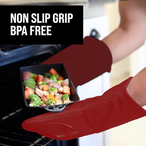 Image of BPA-Free Silicone Oven Mitts Ultra Heat Resistant up to 500F - Oven Mitts with Thick Cotton Liner - Long Slip Resistant Pot Holders, Flexible Oven Gloves - Empire Red 13.7