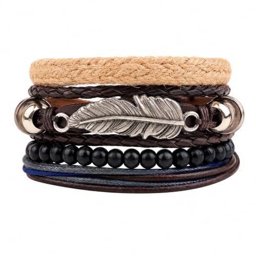 Image of Young & Forever Multi-Layer Leather Bracelet for Men | Adjustable Handmade Wrap Bracelet with Beads, Anchor, Evil Eye, Feather & Boho Charms | Vintage Punk Casual Wristband Gift for Men & Boys