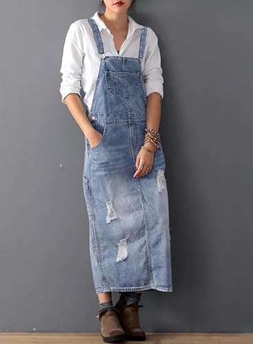 Image of Yoeasy Women's Distressed Denim Overall Dress - Adjustable Strap Pinafore A-Line Mid Long Jean Bib