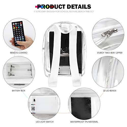 Yisibo Led Strip Lights Clear Backpack,8 Rgb Colors With 10 Flashing Mode,4 Music Mode And 4 Timer,Tpu Transparent Waterproof Heavy Duty See Through Backpack For Music Festival,Stadium Approved,School #TOP1