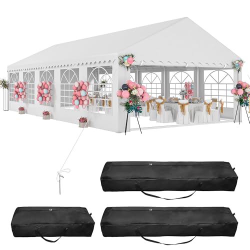 DWVO 16x32FT Heavy Duty Party Tents Sturdy PVC Wedding Event Pavilion, White Canopy with Enhanced Galvanized Frame, Spacious Roof, Detachable Side Panels, and 3 Handy 600D Oxford Storage Pouches
