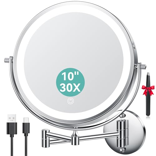 Auxmir 10'' Wall Mounted Makeup Mirror, 5000mAh USB Rechargeable 30X Magnifying Mirror with Tweezer, Double-sided Shaving Mirrors with 3 Color Lights, 360° Swivel Bathroom Mirrors with Extendable Arm