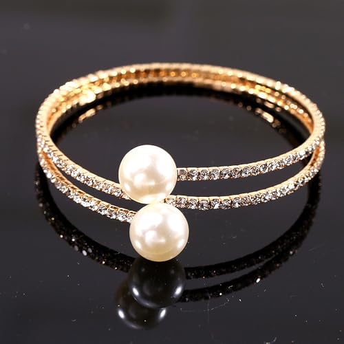 GIGB PBDK Gold Cubic Zirconia Pearl Bracelet for Women Vintage Chunky Crystal Rhinestone Cuff Wedding Bangles Adjustable Sparkly Tennis Bracelet Bride Jewelry4