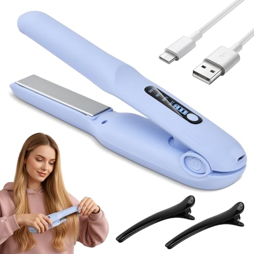 Focenat Glätteisen Kabellos 2 in 1 Glätten & Locken, USB Haarglätter mit 4000mAh Akku, 4 Temperaturstufen (140–200°C), LED-Anzeige, Keramikplatten, Tragbares Reiseglätteisen für Alle Haartypen (Blau)