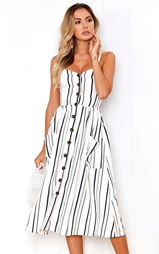 Angashion Women's Dresses-Summer Floral Bohemian Spaghetti Strap Button Down Swing Midi Dress White Striped XL - Thumbnail 4