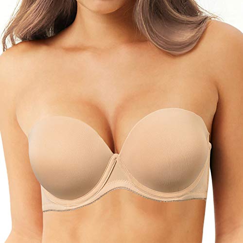 Women's Thick Padded Strapless Push up Bra Lift and Support Convertible Bras with Clear Straps Beige