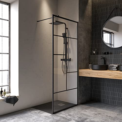 SENSEA - Studio Duschabtrennung - Duschabtrennung für begehbare Duschen - 90 x 200 cm - Dicke 8 mm - Antikalk - Atelierfenster Effekt- Industrial Style - Glas und Aluminium - Schwarz Cover