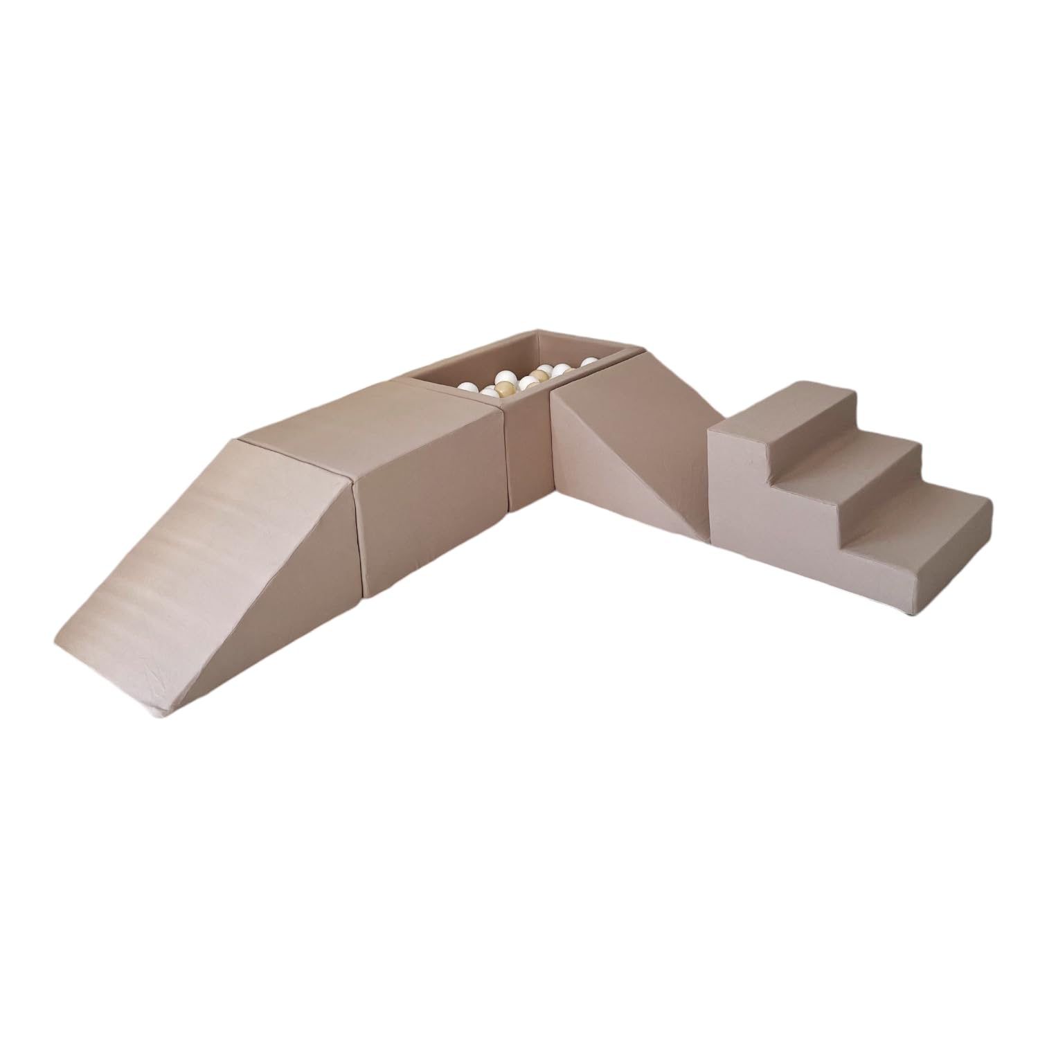 Beige Schaumstoff-Spielset mit 5 Elementen Bällebad und 100 Bällen Abnehmbare Bezüge Weich und Waschbar Indoor-Spielset Kinderspielplatz