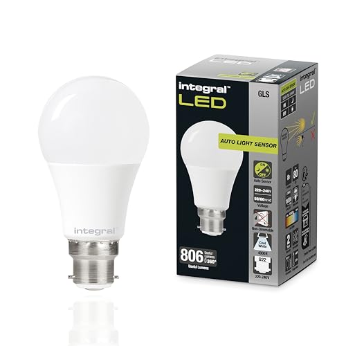 Integral LED B22 Non-Dimmable Dusk to Dawn Dual Sensor Frosted GLS Bulb – Cool White 4000K, 806lm, 8W (60W Equivalent) - Energy efficient & Ideal for Outdoor, Porch, Garage, Garden, Patio