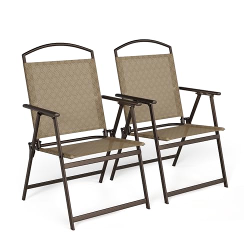 SWITTE Folding Patio Chairs Set of 2, Outdoor Dining Chairs with Armrests, Breathable Textilene & Steel Frame for Lawn, Garden, Yard or Poolside - Cream