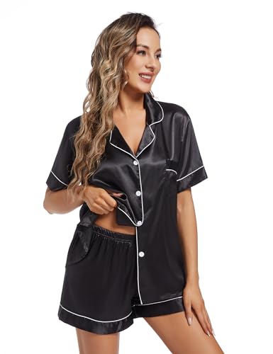 Image of Fivali Women Silk Satin Pajamas Set: Soft Short Sleeve 2 piece Pjs Ladies Button-down Pj Sets Silky Women's Sleepwear