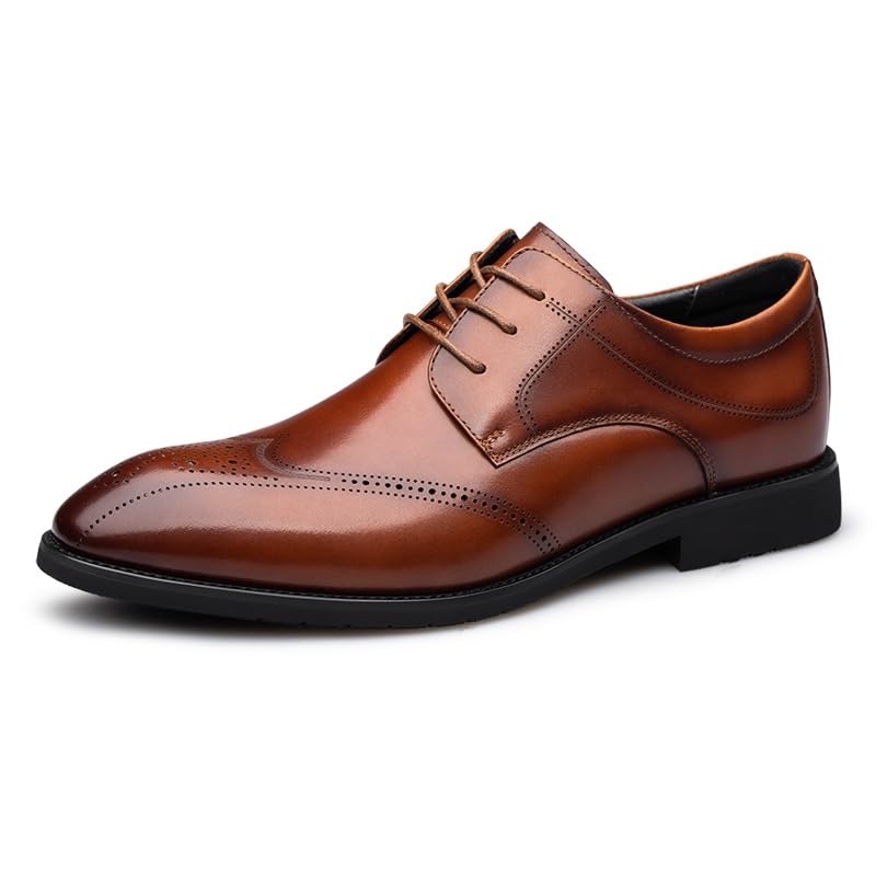 Oxford Dress Shoes for Men Lace Up Round Toe Wing tip Leather Derby Shoes Anti-Slip Rubber Sole Slip Resistant Low Top Block Heel Party