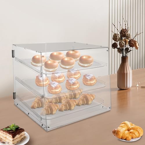 3 Tiers Pastry Display Case Commercial Countertop Bakery Display Case Acrylic Display Box with Door Lock Clear Pastry Display Canbinet for Party Bakeries Coffee Shops
