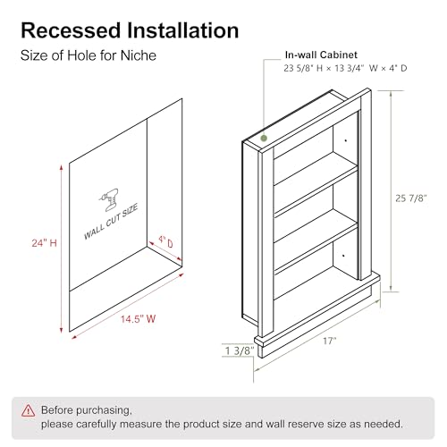 Armario de Medicina Empotrado en Pared de Madera Maciza, Organizador Decorativo para Baño o Sala de Estar, 14x24 pulgadas, Totalmente Armado, Natural miniatura 2