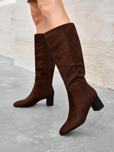 Coutgo Womens Chunky Heel Knee High Boots Suede Round Toe Fall Winter Tall Boots with Side Zipper4