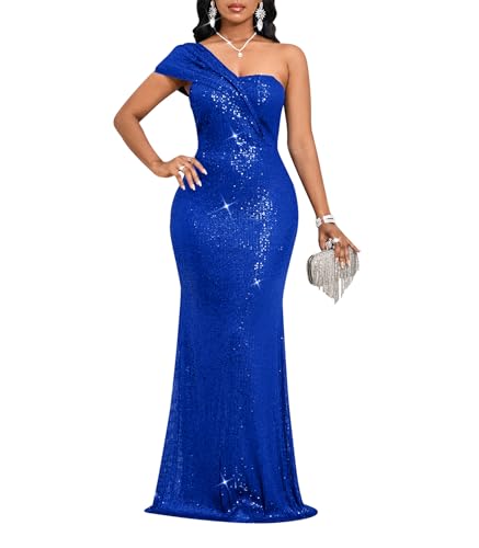 Image of Cololura Women Sexy Sequin One Shoulder Mermaid Formal Party Cocktail Gowns Bodycon Evening Maxi Dress