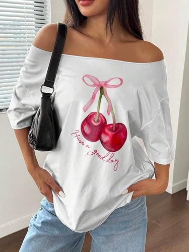 Image of SXV Women Off-Shoulder Cherry Bow Print Simple Casual T-Shirt Graphic Tees Women Tops