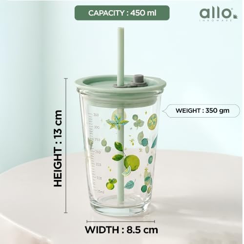 Image of Allo Reusable Glass Mug Sipper Tumbler with Straw, Unique 2 in 1 ANTI Spill Lid | Microwave Safe Leakproof Glass with Anti-Slip Grip for Hot & Cold Coffee| Car, Office, Travel use | 450ml (Green Pear)