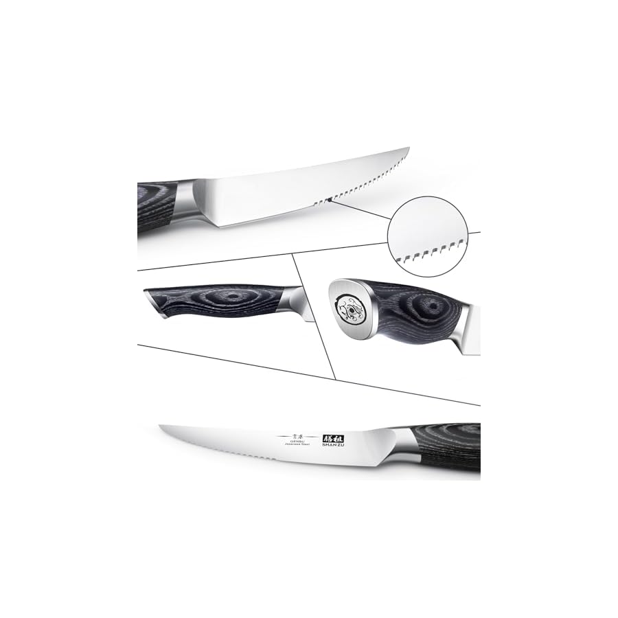 SHAN ZU 6 Pc Steak Knife Set, 4.5 Inch High Carbon Japanese Super Steel Steak Knives, Ultra Sharp Kitchen Steak Knife with K133 Ergonomic Handle, Black Tortoise Genbu Series