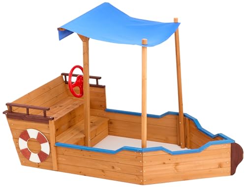 SPOFLYINN Pirate Ship Sandbox with Cover Rudder Storage Bench Weatherproof Bottomless Design Solid Wood Wooden Play Boat Wood Color