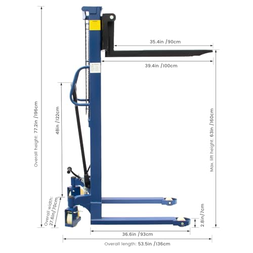 HPDMC 2200 LBS Capacity Professional Manual Hydraulic Stacker/Manual Pallet Truck Stacker, Warehouse Assistant/Stacker Lifting Height 63\'\' - Thumbnail 3
