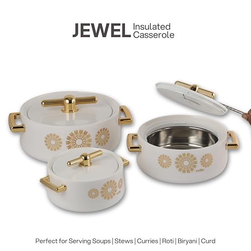 Image of CELLO Jewel NX Insulated Casserole Set of 3 Pcs (500ml, 1000ml, 1500ml) White | Double Wall Insulated Hot Pot Case Keeps Food Hot & Warm for Long Hours, Casserole Hot Pot Set for Roti, Chapati, Rice