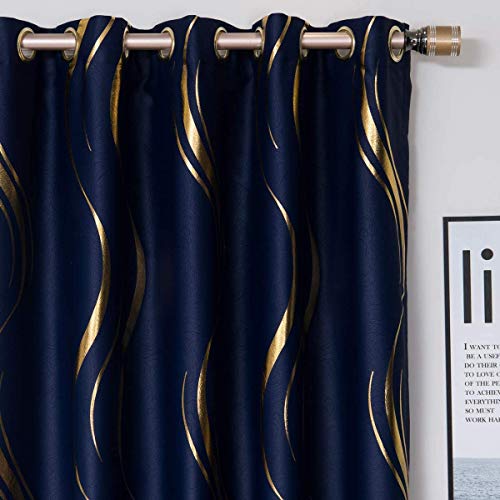 MYRU 2 Panels Set Luxury Striped Blackout Curtains for Bedroom Living Room (Navy and Gold, 2 x 66x90 Inch)