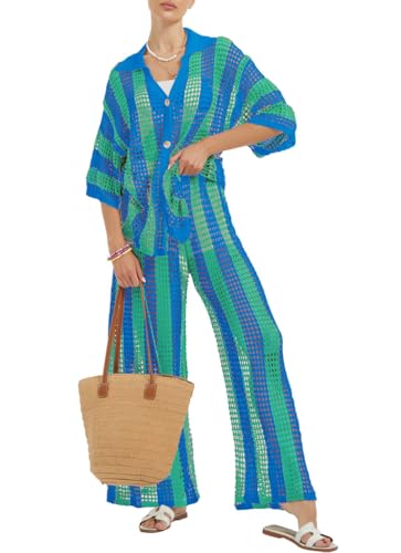Image of Women Cover Up Sets Button Up Tops with Pants Crochet Set Outfit 2 Piece Outfits Vacation Outfits