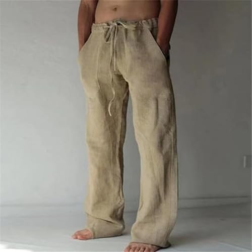JEShifangjiusu Cotton Linen Pants for Men Casual Elastic Drawstring Waist Summer Beach Pants Loose Yoga Trousers with Pockets2