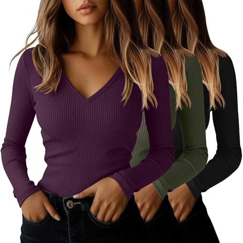 Ficerd 3 Pack Women's Long Sleeve T Shirts Cotton V Neck Slim Fit Tops Ribbed Knit Layering Casual Basic Tees Fall(Black, Dark Bean Green, Wine,Medium)