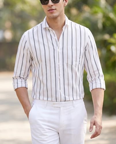 Image of IndoPrimo Men's White Striped Slim Fit Casual Shirt | Premium Cotton Full Sleeve Button-Down Shirt with Chest Pocket | Stylish Office