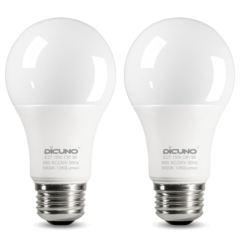 DiCUNO E27 Screw LED Bulb 15W, Daylight White 5000K, 100 Watts Halogen Equivalent, Large Screw in Light Bulb, 1350LM, Non-Dimmable, ES High CRI 90 Lightbulbs for Lamp, 2 Pcs