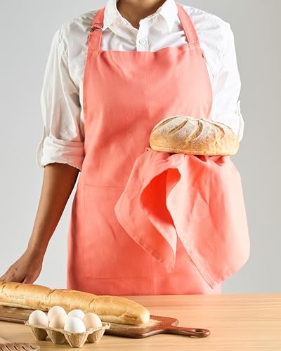 Image of Cotton Kitchen Apron for Women & Men - Set of 1 - Uni Plain, (28 inch X32 inch) Durable Apron with Spacious Pocket - Perfect Kitchen Set for Home or Professional Use - Coral