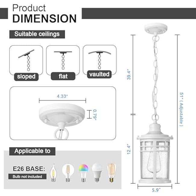 Darkaway Outdoor Pendant Lights for Porch, Outdoor Chandelier Hanging Porch Lights Ceiling Mount Aluminum with Seeded Glass for Front Porch Gazebo Patio (Medium, White)