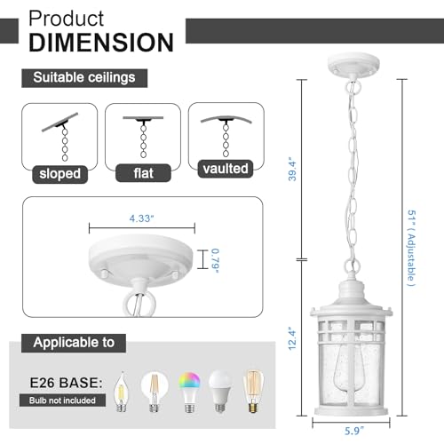 Image of Darkaway Outdoor Pendant Lights for Porch, Outdoor Chandelier Hanging Porch Lights Ceiling Mount Aluminum with Seeded Glass for Front Porch Gazebo Patio (Medium, White)