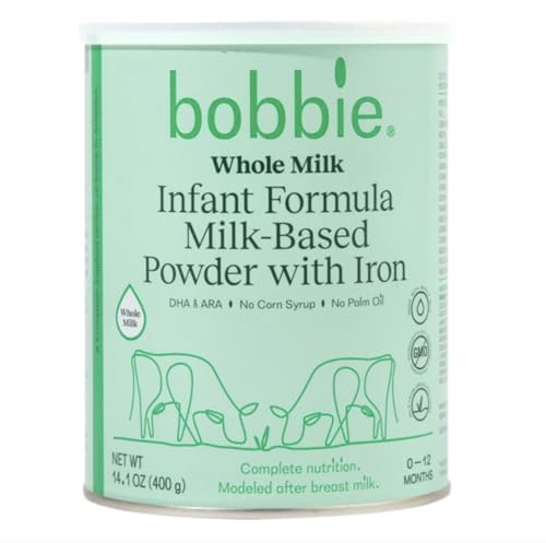 Bobbie Whole Milk, Grass Fed Baby Formula with Iron, Plant Based DHA and ARA, Vitamin D and Protein Blend Modeled After Breast Milk, For Newborn Baby to 12 Month Old, 14.1 oz