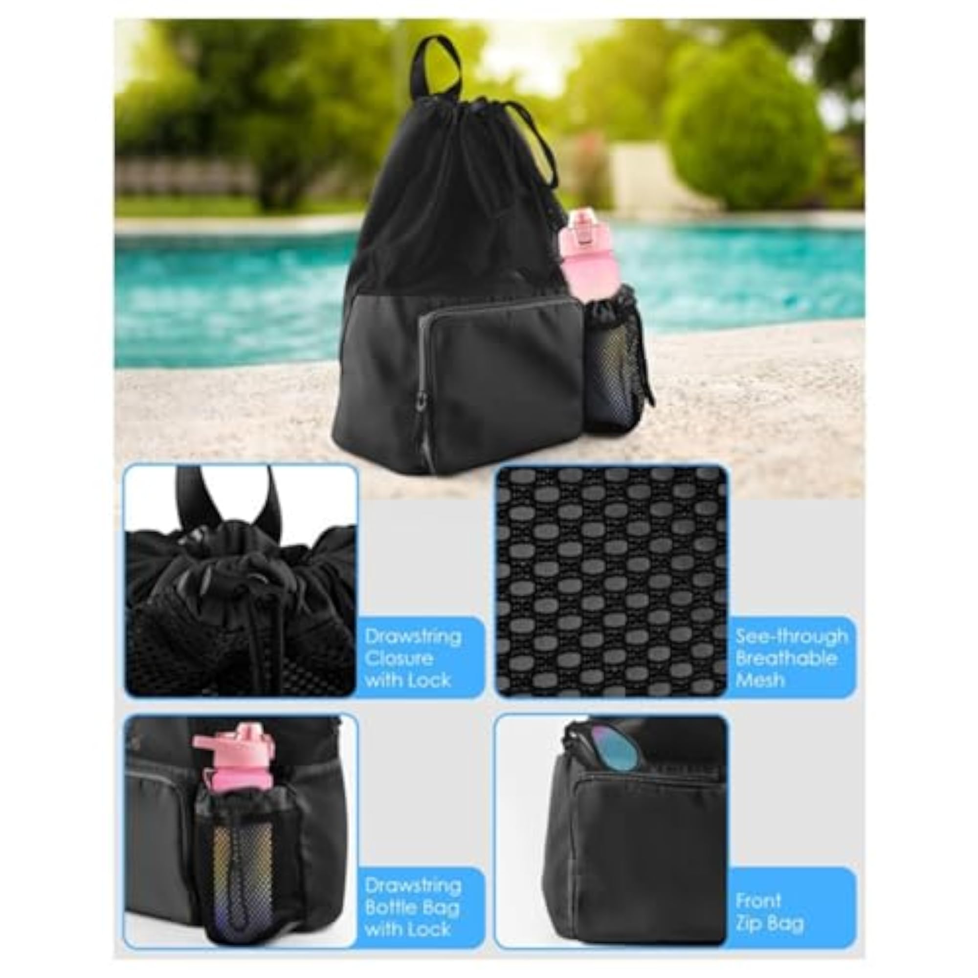 Mesh Drawstring Backpack Travel Gym Rucksack, Football Black