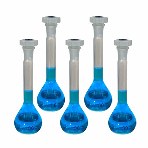 Volumetric Flask 50ml Borosilicate Glass Class A Precision ISO 1042 PTFE 12/21 Stopper 5-Pack