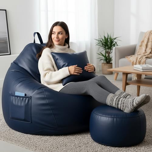 Image of KAM'S LIEU Leatherette Bean Bag Chair with Footrest | Filled with EPS Beans | Comfortable Sofa for Living Room & Bedroom | 4XL Size, Easy to Clean Color- (Navy Blue)