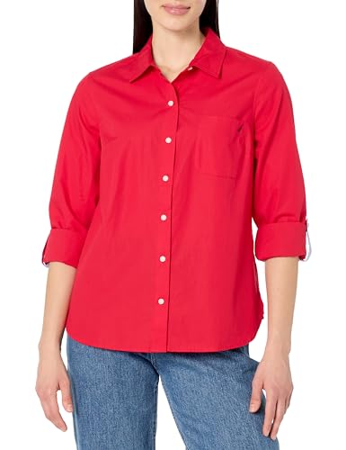 Nautica Womens Button Front Long Sleeve Roll Tab Shirt, Regatta Red, X-Large