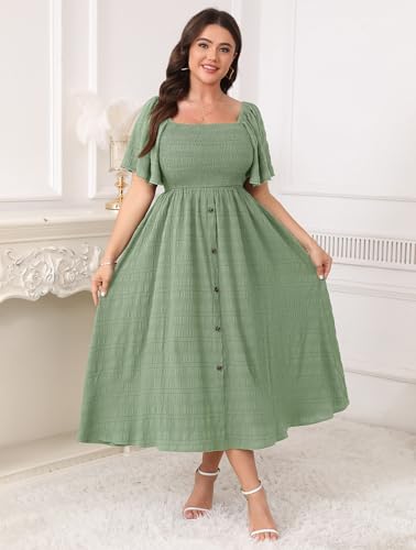 Image of Plus Size Casual Maxi Boho Dress for Curvy Women Short Sleeve Square Neck Smocked Summer Beach Dresses Button Down