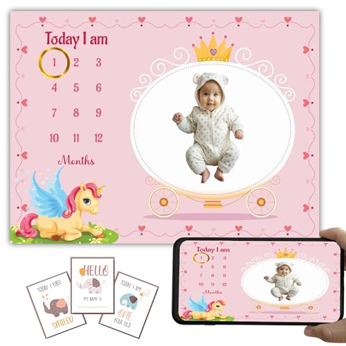 Image of Baby Monthly Milestone Blanket | 1-12 Months | Soft All-Season AC Blanket | Ideal for Newborn Boys & Girls | Perfect Growth Tracker & Photoshoot Prop with Unicorn Theme | 120x90 cm